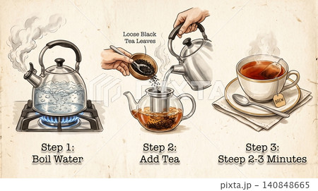 Three step guide illustrating how to properly prepare and brew hot black tea with boiling water and loose leaves in a decorative hand drawn sketch style 140848665