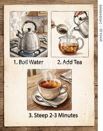 Illustrated three step tea preparation guide featuring boiling water and steeping process on vintage paper background for brewing enthusiasts 140848666
