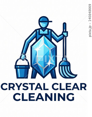 Professional cleaning service logo featuring a stylized worker holding a mop and bucket behind a sparkling blue crystal gem on a clean white background 140848669