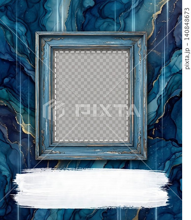 Distressed blue wooden frame mockup on elegant dark marble background with white paint stroke for creative design projects 140848673