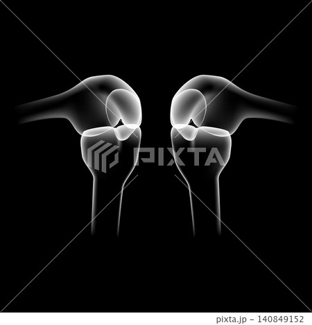 Human knee joint skeleton vector illustration isolated on black background. X-ray style side view of knee bones pair, anatomy femur patella tibia for medical poster, health care, arthritis design. Human knee joint skeleton vector illustration isolated on black background. X-ray style side view of knee bones pair, anatomy femur patella tibia for medical poster, health care, arthritis design. 140849152