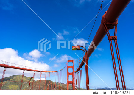 Golden Gate Bridge pedestrian walkway with red cables and blue sky 140849221