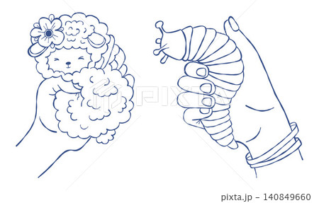 Autism Sensory Fidget Toy Hands Set. Hand with Stimming Squishy Sheep and Slug. Line Art. ADHD Anxiety Relief Calming Articulated Caterpillar Pack. Isolated Vector Illustration on White Background. 140849660