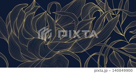 Elegant floral pattern golden line flowers, leaves, botanical branches, art deco Japanese design. Luxury vector illustration abstract organic, flowing wave elements, delicate ornament. Elegant floral pattern golden line flowers, leaves, botanical branches, art deco Japanese design. Luxury vector illustration abstract organic, flowing wave elements, delicate ornament. 140849900