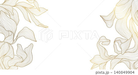 Luxury botanical pattern with golden line leaves, flowers, tropical foliage, art deco. Abstract vector illustration organic botanical texture, ornament, packaging, cards, posters, banners, tea Luxury botanical pattern with golden line leaves, flowers, tropical foliage, art deco. Abstract vector illustration organic botanical texture, ornament, packaging, cards, posters, banners, tea 140849904