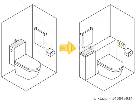 アイソメトリックなタンクレスやタンク収納型のトイレにリフォームしたビフォーアフターイラスト アイソメトリックなタンクレスやタンク収納型のトイレにリフォームしたビフォーアフターイラスト 140849934