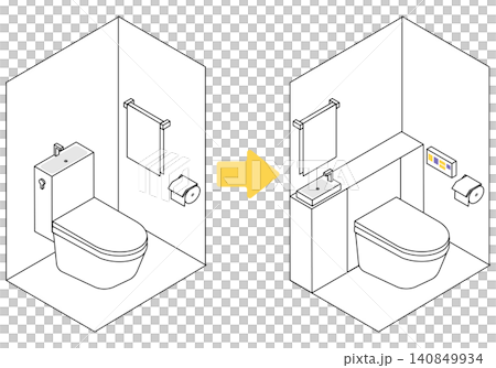 Before and after illustrations of toilet renovations to include isometric tankless or tank-integrated toilets. Before and after illustrations of toilet renovations to include isometric tankless or tank-integrated toilets. 140849934