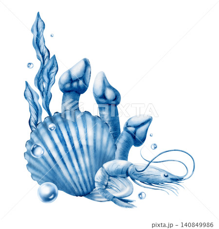 Monochrome blue seafood watercolor composition. Indigo shrimp, scallop shell and seaweed for luxury mediterranean restaurant menu design, gourmet food packaging and marine branding graphics Monochrome blue seafood watercolor composition. Indigo shrimp, scallop shell and seaweed for luxury mediterranean restaurant menu design, gourmet food packaging and marine branding graphics 140849986