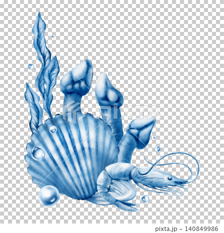 Monochrome blue seafood watercolor composition. Indigo shrimp, scallop shell and seaweed for luxury mediterranean restaurant menu design, gourmet food packaging and marine branding graphics Monochrome blue seafood watercolor composition. Indigo shrimp, scallop shell and seaweed for luxury mediterranean restaurant menu design, gourmet food packaging and marine branding graphics 140849986