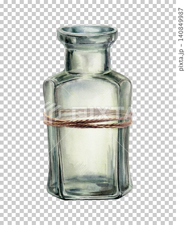 Apothecary glass bottle watercolor with jute twine. Vintage vessel for artisanal oil packaging, eco-friendly skincare branding, handmade remedy label design and rustic craft product graphics Apothecary glass bottle watercolor with jute twine. Vintage vessel for artisanal oil packaging, eco-friendly skincare branding, handmade remedy label design and rustic craft product graphics 140849987
