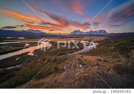 Sunset landscape river valley mountains patagonia scenic sky Sunset landscape river valley mountains patagonia scenic sky 140850193