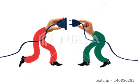 Mixed media walking hands connecting electric plug and socket. Mixed media walking hands connecting electric plug and socket. 140850283