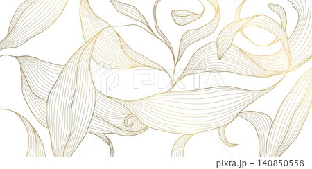 Luxury abstract botanical pattern, golden line leaves, flowers, tropical foliage, art deco style Japanese design. Vector illustration organic texture, vintage decorative ornament, textile print Luxury abstract botanical pattern, golden line leaves, flowers, tropical foliage, art deco style Japanese design. Vector illustration organic texture, vintage decorative ornament, textile print 140850558