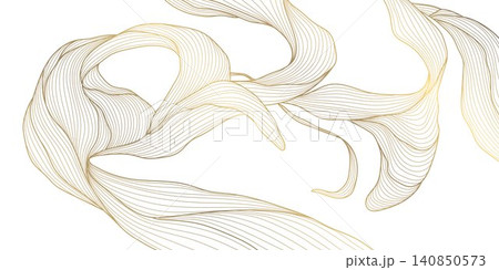 Elegant abstract pattern, golden line waves, botanical leaves, flowers, flowing organic shapes, Japanese, art deco style. Luxury vector illustration, ocean curves, tea, spa branding, packaging Elegant abstract pattern, golden line waves, botanical leaves, flowers, flowing organic shapes, Japanese, art deco style. Luxury vector illustration, ocean curves, tea, spa branding, packaging 140850573