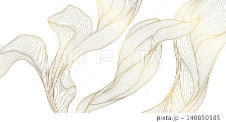 Elegant abstract pattern, golden line waves, botanical leaves, flowers, flowing organic shapes, Japanese, art deco style. Luxury vector illustration, ocean curves, tea, spa branding, packaging Elegant abstract pattern, golden line waves, botanical leaves, flowers, flowing organic shapes, Japanese, art deco style. Luxury vector illustration, ocean curves, tea, spa branding, packaging 140850585