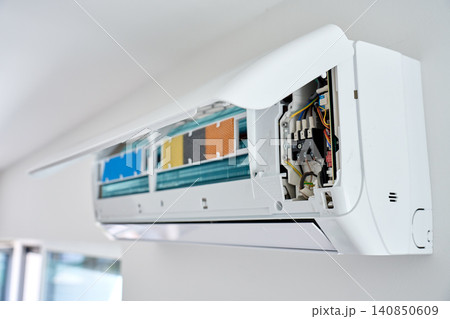 Open air conditioner for maintenance with filters and wiring Open air conditioner for maintenance with filters and wiring 140850609