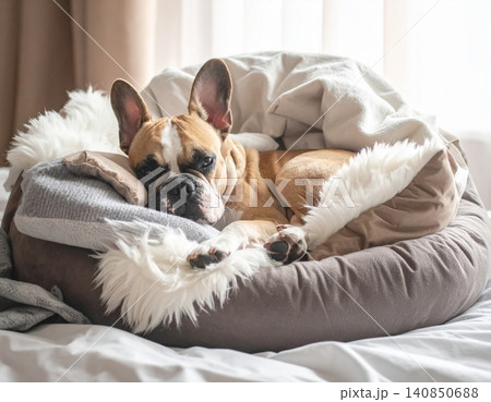 a small tiny french bulldog snuggled up in big bed a small tiny french bulldog snuggled up in big bed 140850688