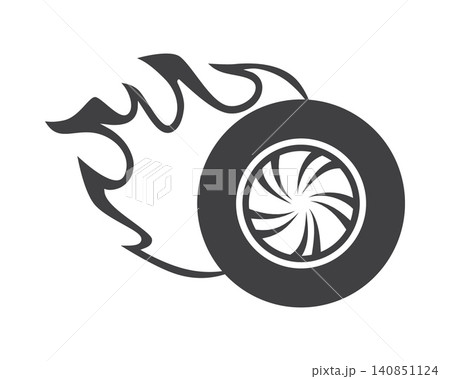 An energetic black and white graphic icon of a burning wheel with trailing flames, evoking feelings of high speed and power. Ideal for racing and automotive designs. Nobody present. 140851124