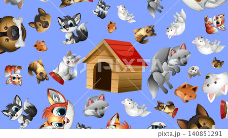 Cartoon Dog Characters and Wooden Doghouse Vector Pattern Background 140851291