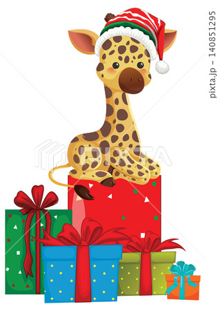 Cute Baby Giraffe Wearing Santa Hat Sitting on Christmas Gift Boxes 140851295