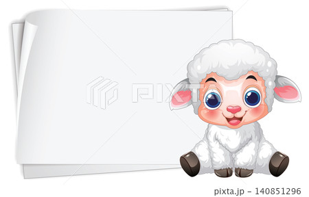Cute Cartoon Lamb Sitting Next to Blank White Paper Banner Cute Cartoon Lamb Sitting Next to Blank White Paper Banner 140851296