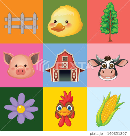 Colorful Grid of Cartoon Farm Animals and Rural Elements Colorful Grid of Cartoon Farm Animals and Rural Elements 140851297