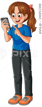 Smiling Girl Using Smartphone in Full Length Cartoon Smiling Girl Using Smartphone in Full Length Cartoon 140851309