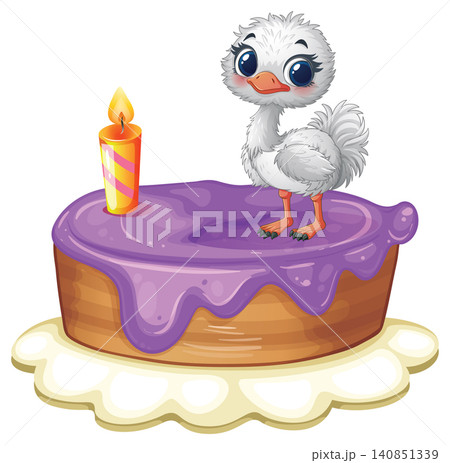 Cute Baby Ostrich Standing on a Purple Birthday Cake with Candle Cute Baby Ostrich Standing on a Purple Birthday Cake with Candle 140851339