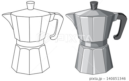 Classic Italian Moka Pot Vector Illustration in Line Art and Shaded Styles 140851346