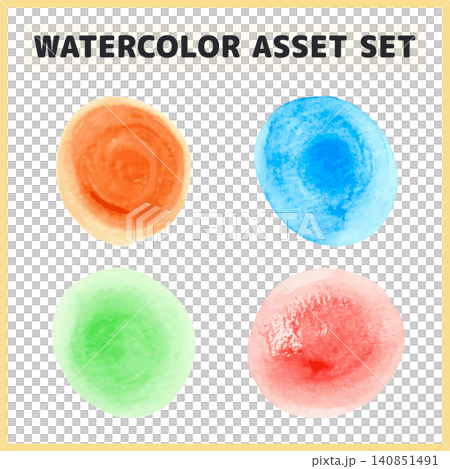 A set of pop and cute vector illustrations featuring four watercolor-style circular textures in orange, blue, green, and pink. 140851491