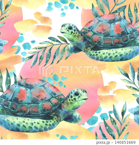 Watercolor seamless pattern with cute sea turtle surrounded by tropical palm leaves and vibrant summer shapes. Artistic hand drawn coastal design for textile wallpaper summer decor. Watercolor seamless pattern with cute sea turtle surrounded by tropical palm leaves and vibrant summer shapes. Artistic hand drawn coastal design for textile wallpaper summer decor. 140851669