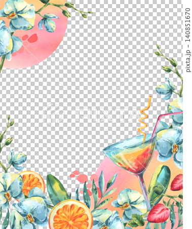 Watercolor frame with orchid flower, tropical cocktail and orange slice. Hand drawn summer illustration for greeting card invitation and holiday menu design. Exotic decoration background. Watercolor frame with orchid flower, tropical cocktail and orange slice. Hand drawn summer illustration for greeting card invitation and holiday menu design. Exotic decoration background. 140851670