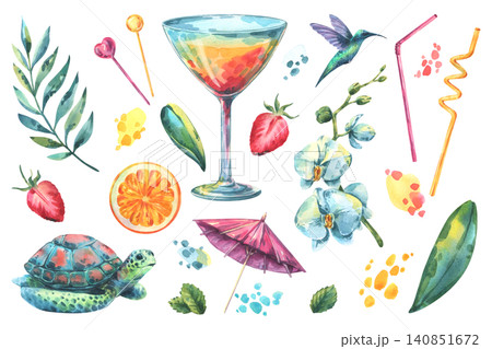 Watercolor hand drawn illustration collection with tropical summer elements. Cocktail, strawberry, orange slice, turtle, hummingbird, orchid flower and beach party accessories for design. 140851672