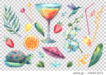 Watercolor hand drawn illustration collection with tropical summer elements. Cocktail, strawberry, orange slice, turtle, hummingbird, orchid flower and beach party accessories for design. 140851672