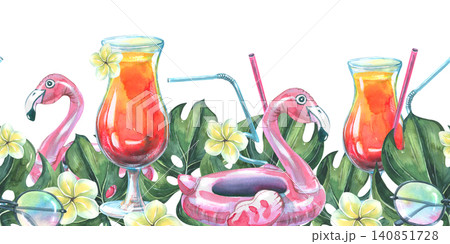 Watercolor hand drawn seamless border with tropical palm leaves, cocktail glass, inflatable flamingo, and plumeria flower. Summer beach party illustration for holiday design decoration. 140851728