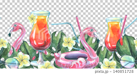 Watercolor hand drawn seamless border with tropical palm leaves, cocktail glass, inflatable flamingo, and plumeria flower. Summer beach party illustration for holiday design decoration. 140851728