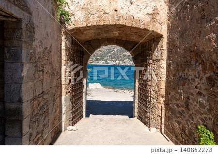 Spinalonga Fortress Stone Arch Gate Facing Sea in Crete Greece 140852278