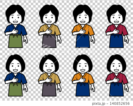 [Different hairstyle] Icon of a woman in a samue (traditional Japanese work clothing) and apron with her hand on her chest. 140852656