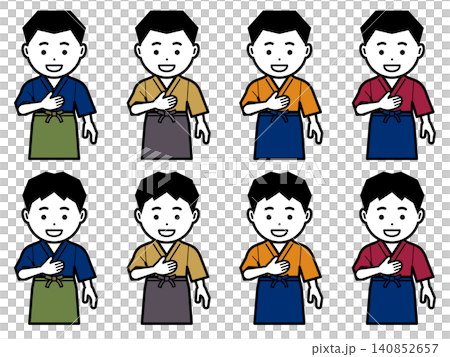 An icon of a man in a samue (traditional Japanese work clothing) and apron with his hand on his chest. An icon of a man in a samue (traditional Japanese work clothing) and apron with his hand on his chest. 140852657