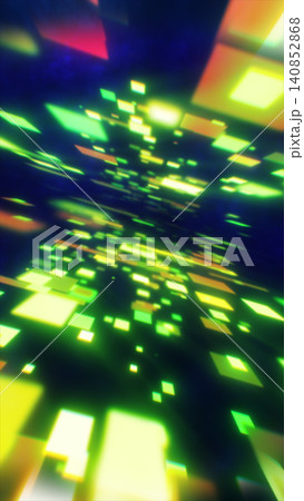 Glowing green and yellow pixel blocks rushing through dark space, creating a futuristic abstract tunnel with motion and digital depth Glowing green and yellow pixel blocks rushing through dark space, creating a futuristic abstract tunnel with motion and digital depth 140852868
