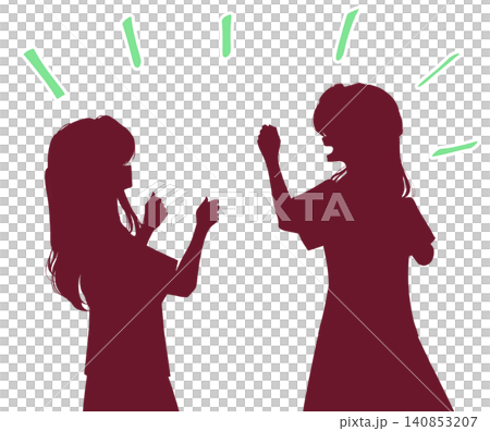Two women cheering, wearing uniforms, silhouettes. Two women cheering, wearing uniforms, silhouettes. 140853207