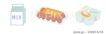 乳製品・スーパーの卵パック（10個入り）・牛乳・ヨーグルト＿白背景 140853234