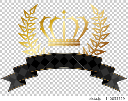 A luxurious crown and ribbon emblem in gold. 140853329