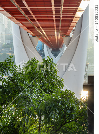 A burst of green foliage rises vividly from the riverbanks, juxtaposed against the massive geometric canopy of the Qiansimen Bridge as its bold, towering structure frames the natural landscape from A burst of green foliage rises vividly from the riverbanks, juxtaposed against the massive geometric canopy of the Qiansimen Bridge as its bold, towering structure frames the natural landscape from 140853333