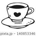 Coffee Cup with Saucer and Black Heart Hand Drawn Doodle 140853346