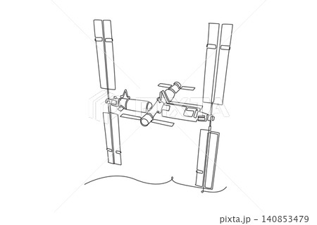 Single continuous line drawing a massive modular space station vehicle orbiting in deep space with its solar panels deployed, scientific exploration. One line draw graphic design vector illustration 140853479