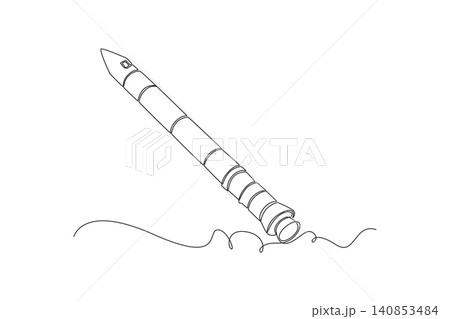 Single continuous line drawing slender space vehicle rocket launching diagonally into sky with smoke trail, representing cosmic exploration technology. One line draw graphic design vector illustration 140853484