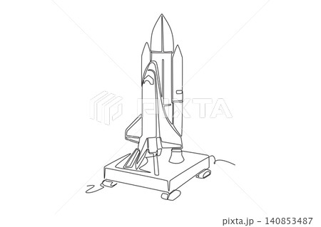 Single one line drawing space shuttle vehicle standing on its launchpad platform, representing advanced aerospace technology cosmic exploration. Continuous line draw design graphic vector illustration Single one line drawing space shuttle vehicle standing on its launchpad platform, representing advanced aerospace technology cosmic exploration. Continuous line draw design graphic vector illustration 140853487