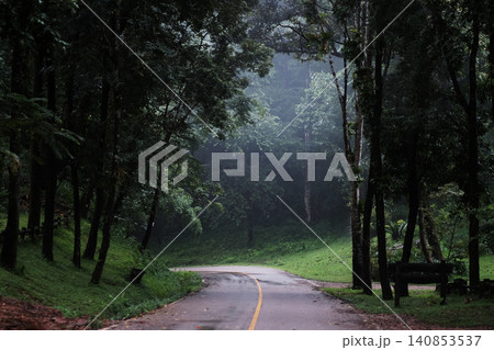 Winding mountain road passes through lush tropical rainforest on a rainy day in Thailand Winding mountain road passes through lush tropical rainforest on a rainy day in Thailand 140853537