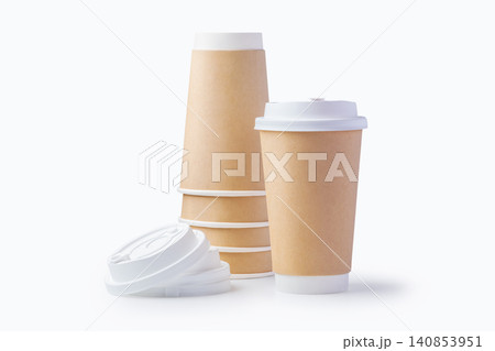 Takeaway coffee paper cups with lids isolated on white background Takeaway coffee paper cups with lids isolated on white background 140853951